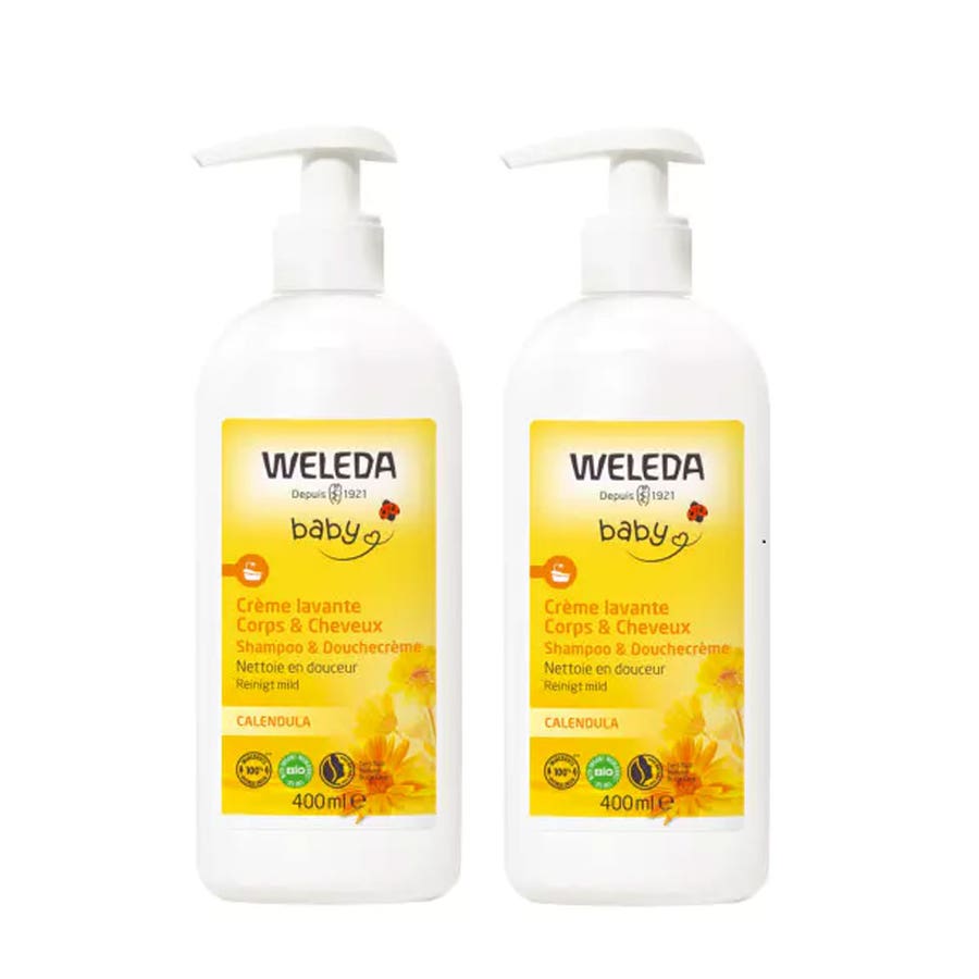 Weleda Calendula Baby Face and Body Cleansing Cream Corps et Cheveux 400ml x2 (13.53fl oz x2)